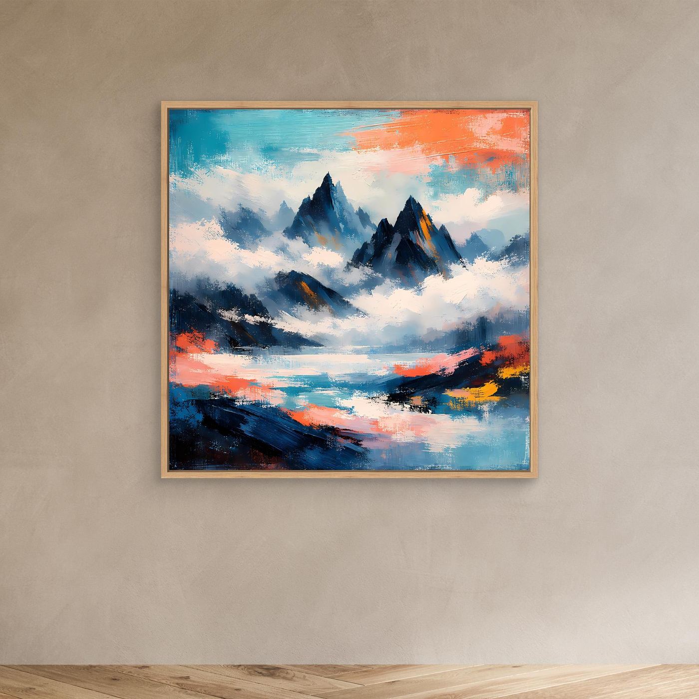 Wandbild mit abstrakten Berggipfeln im Nebelmeer, blau-orangefarbene Pinselstruktur, Eichenrahmen