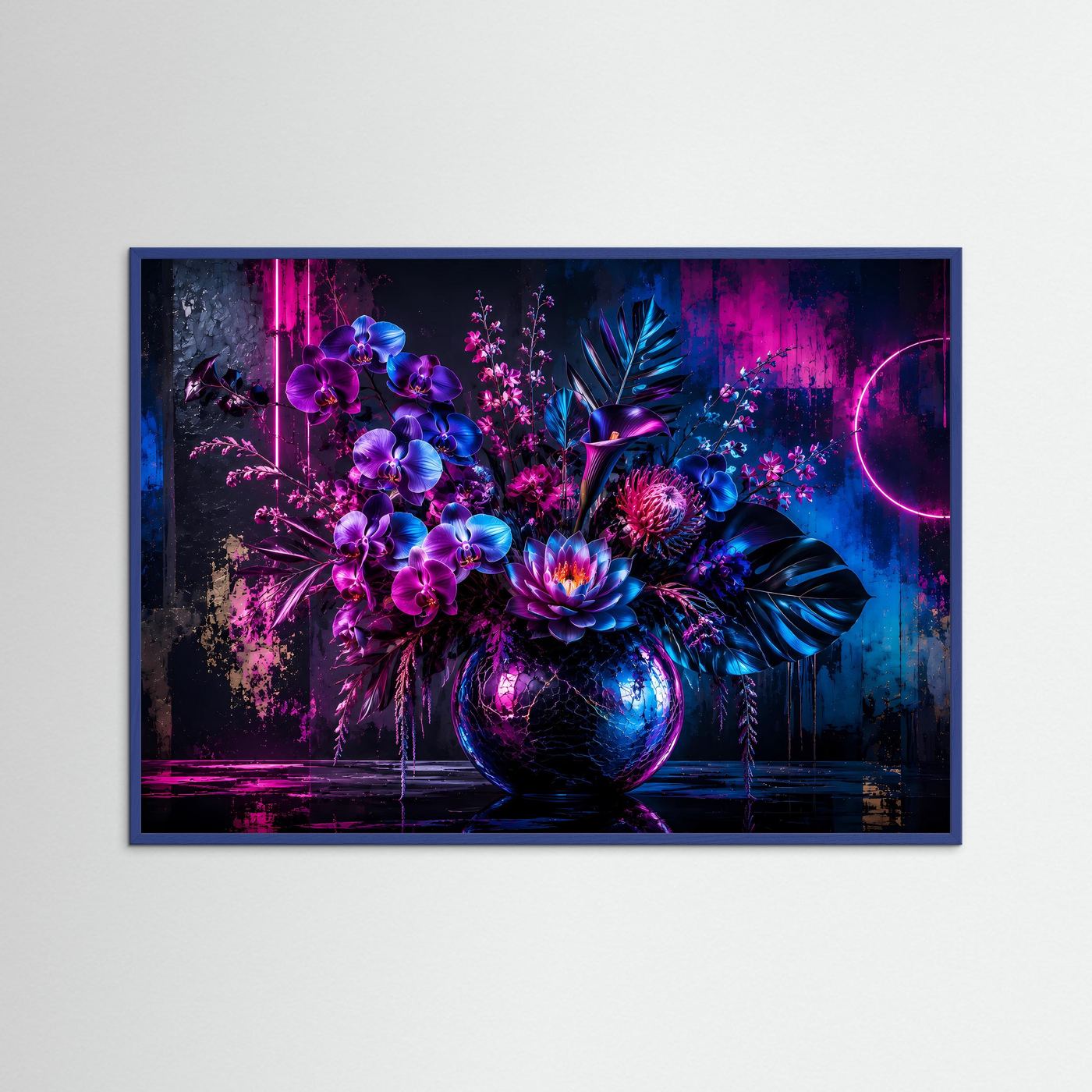 Neon Blumenstrauß Poster Querformat | Moderne Florale Wandkunst in Pink, Blau & Violett | Futuristisches Blumen Wandbild