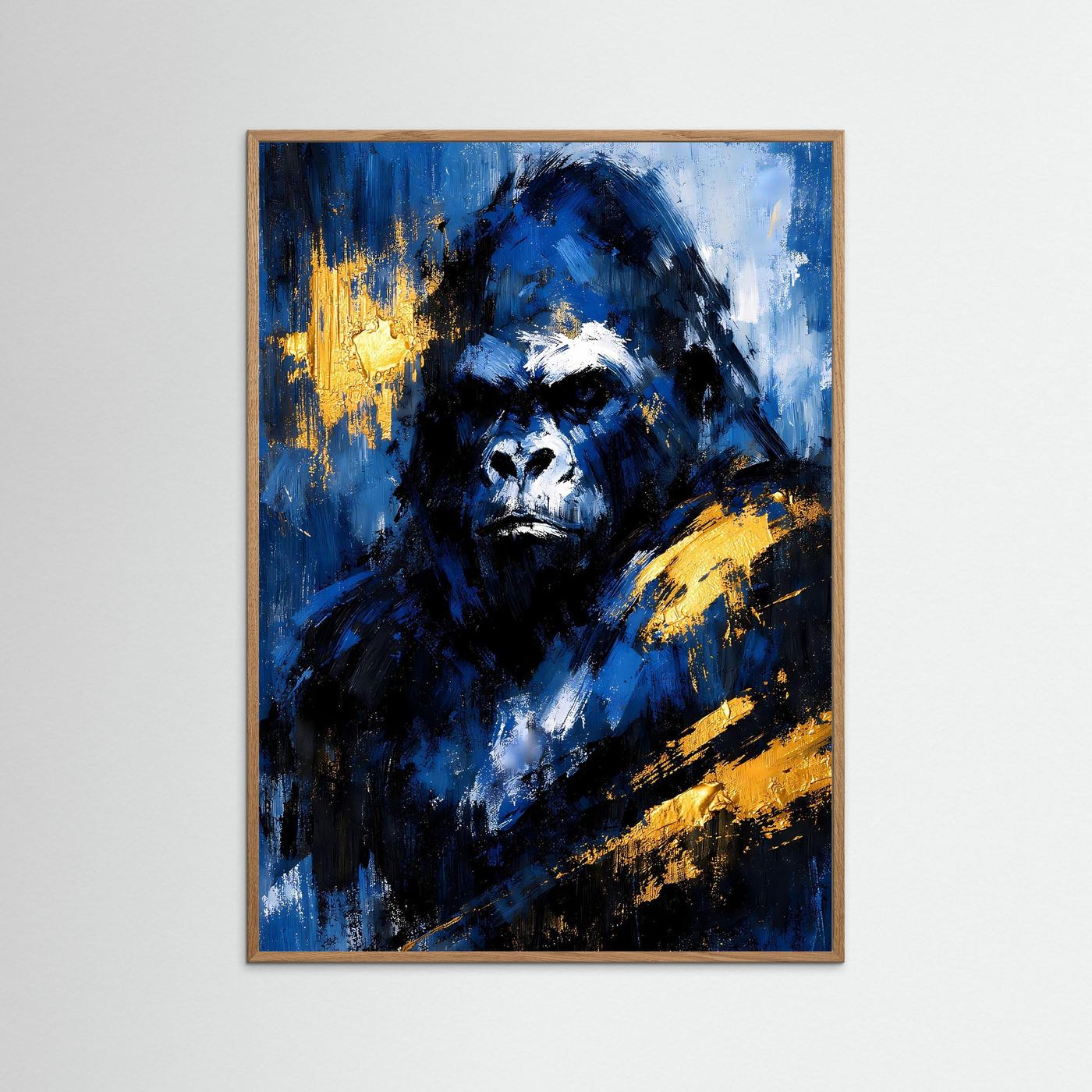 Kunstposter mit abstraktem Gorilla in Blau, Schwarz und Gold, Hochformat