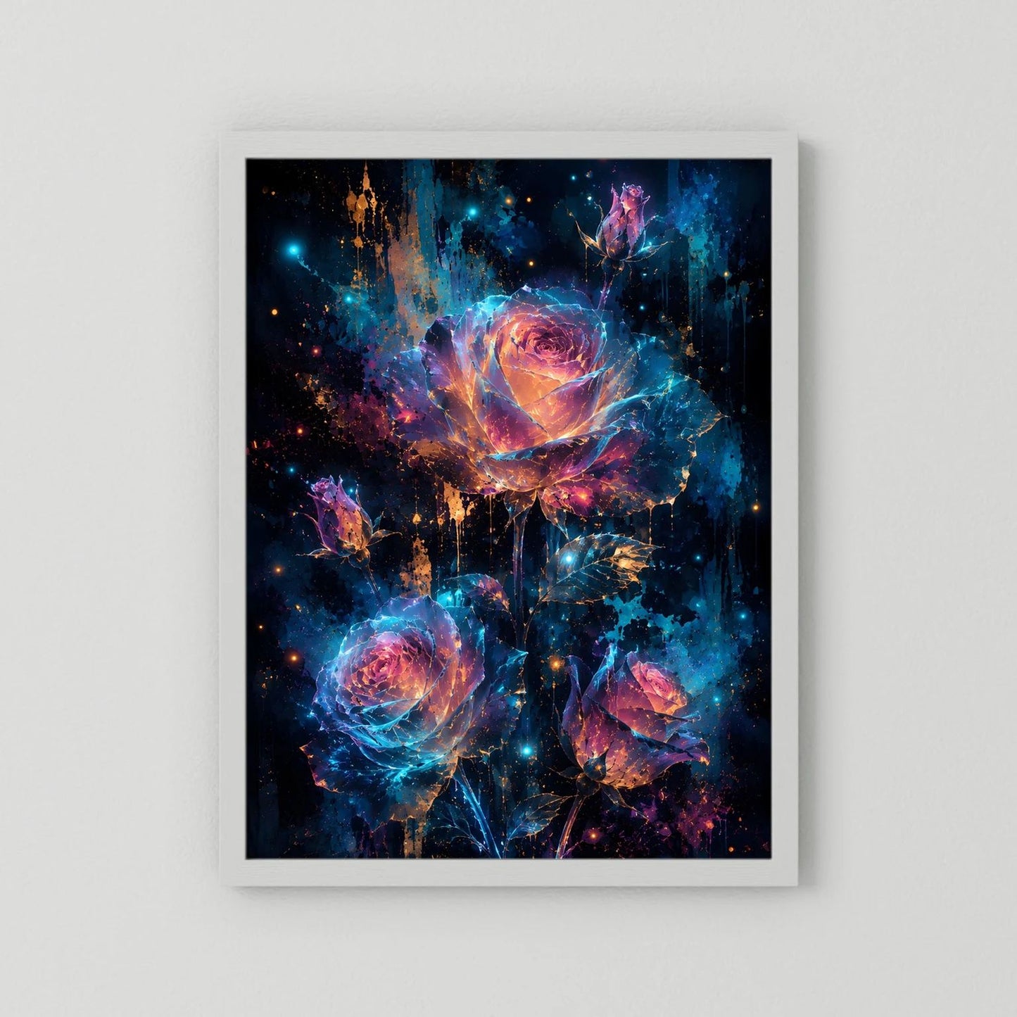Wandbild mit leuchtendem Rosenmotiv in Blau, Pink und Gold, weißer Rahmen mit Rand
