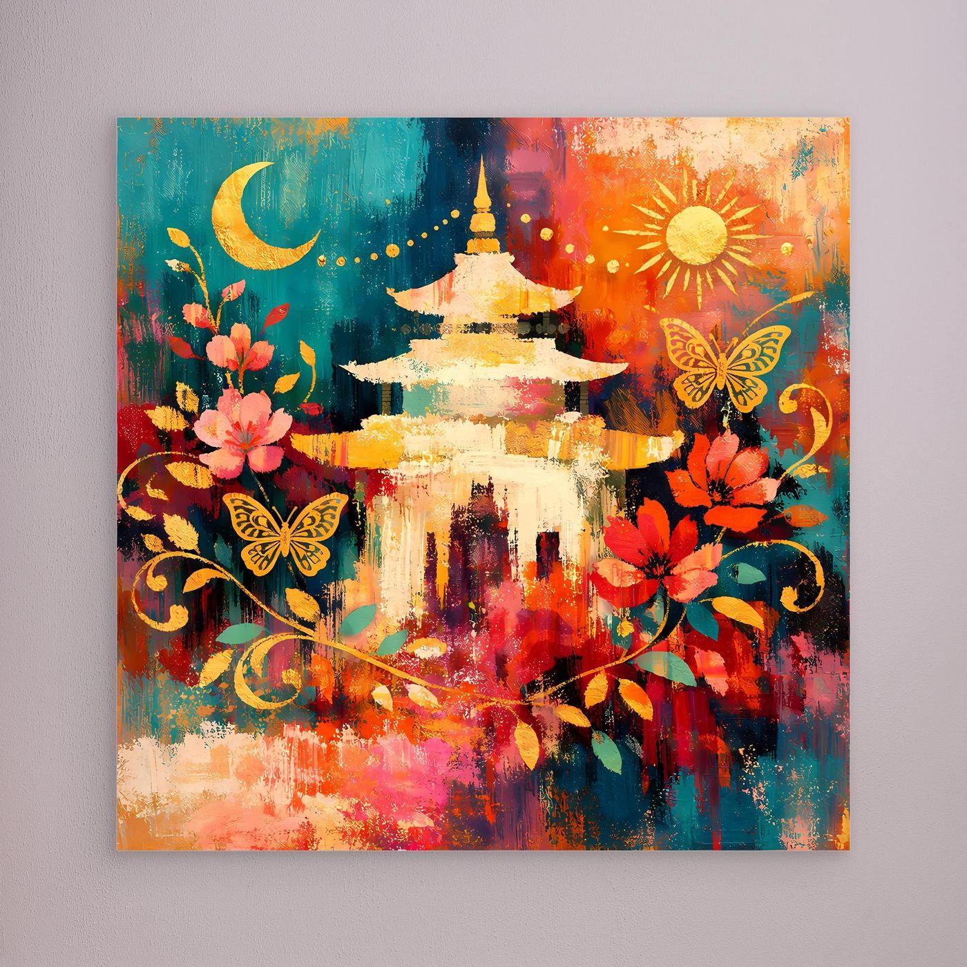 Wandbild ohne Rahmen mit goldener Pagode, Mond, Sonne, Schmetterlingen und Blumen