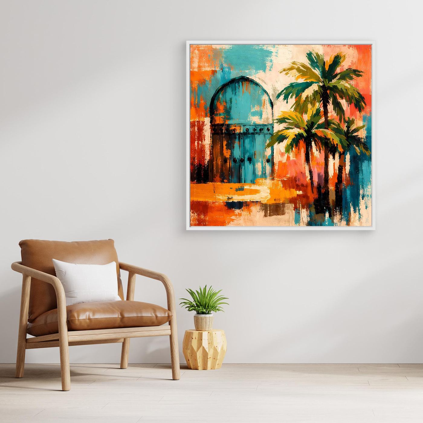 Wandbild mit Palmen und Bogenmotiv, orange-blaues abstraktes Gemälde