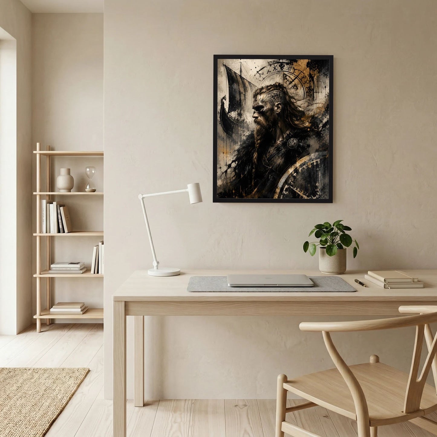 Hochformatiges Kunstposter mit Rahmen: Wikingerkrieger-Profil, Runenkreis und Langschiff-Szene.