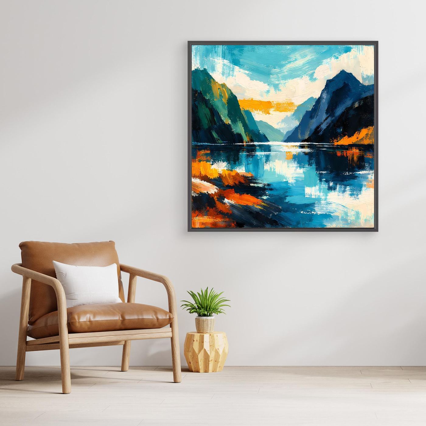 Schwarzes gerahmtes Leinwandbild mit Fjordlandschaft in Blau, Türkis und Orange