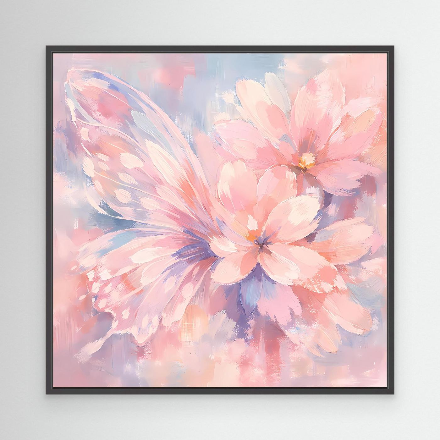Leinwandbild mit Schmetterlingsblüten im Pastell-Look, schwarzer Rahmen