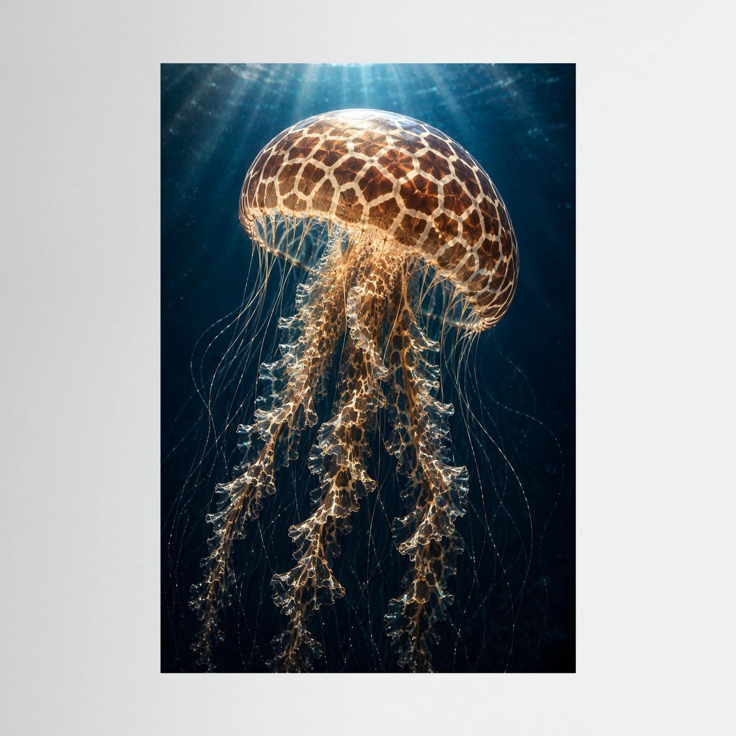 Leuchtendes Quallenposter im Nahblick mit goldbraunem Muster und Tentakeln auf dunklem Blau