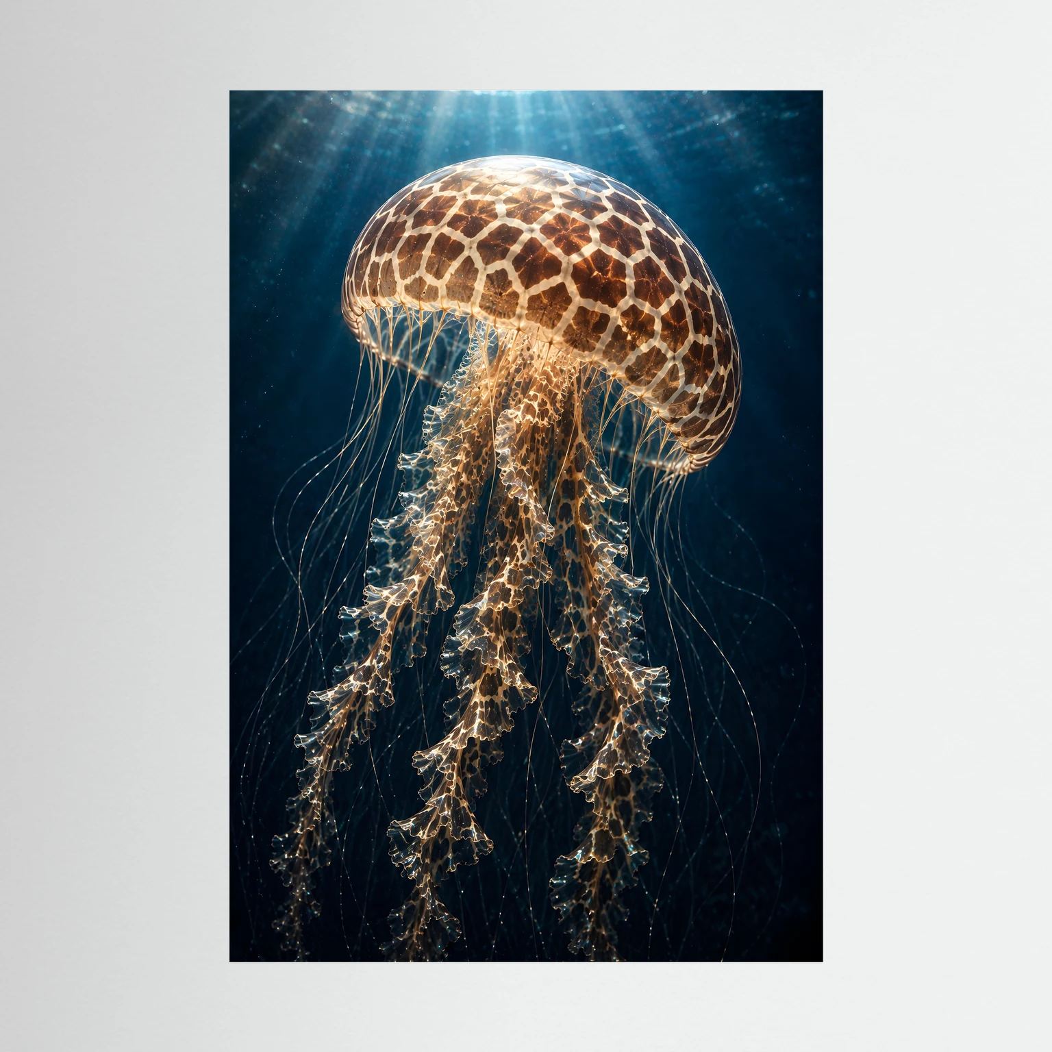 Leuchtendes Quallenposter im Nahblick mit goldbraunem Muster und Tentakeln auf dunklem Blau