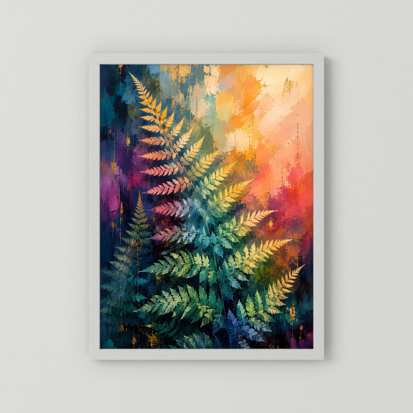 Abstraktes Farn-Poster im Hochformat mit weißem Rahmen und buntem Farndesign