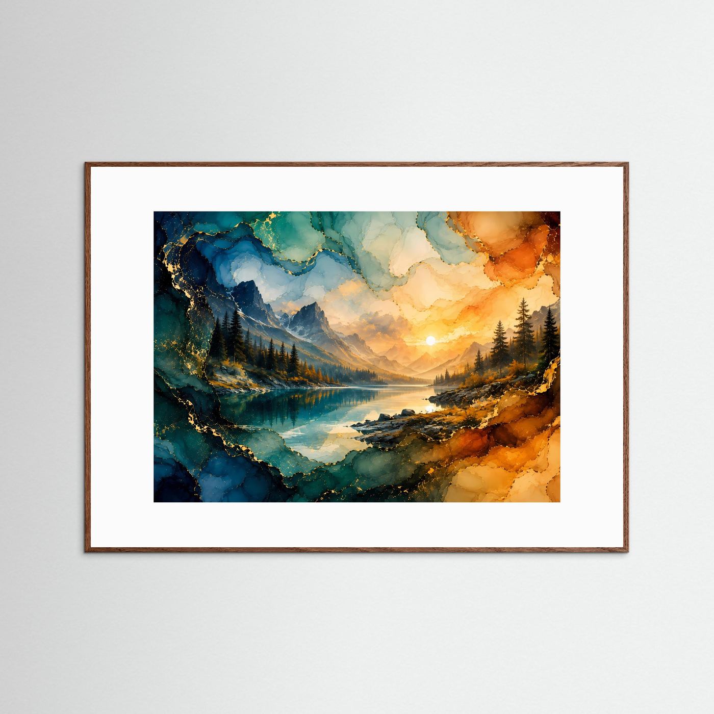 Abstrakte Berglandschaft Poster | Alkohol Ink Landschaft | Gold Blau Wandbild | Moderner Bergsee Sonnenuntergang | Luxuriöse Leinwandkunst