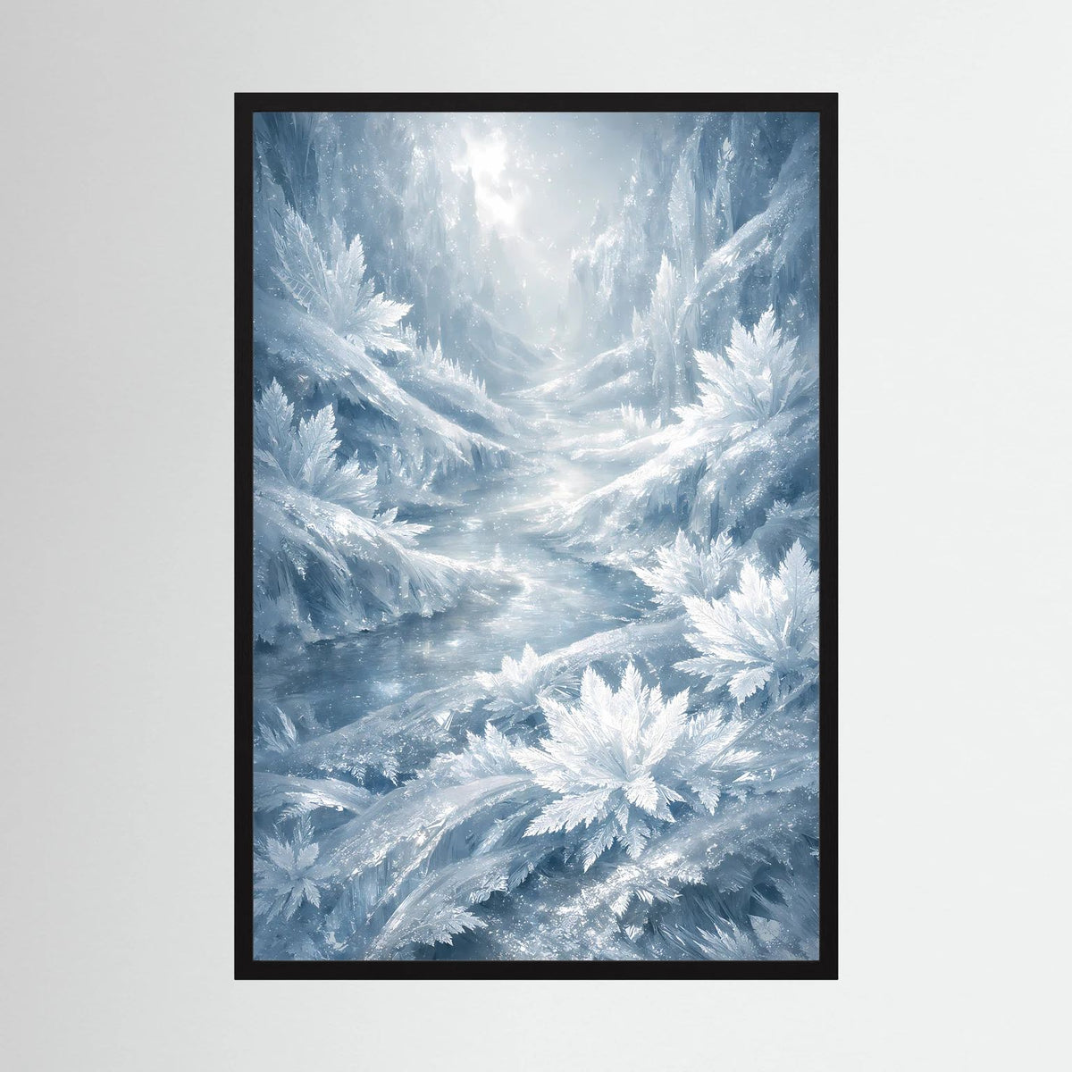 Gerahmtes Winterlandschafts-Poster mit eisblauen Eiskristallen im Bach, schwarzer Rahmen