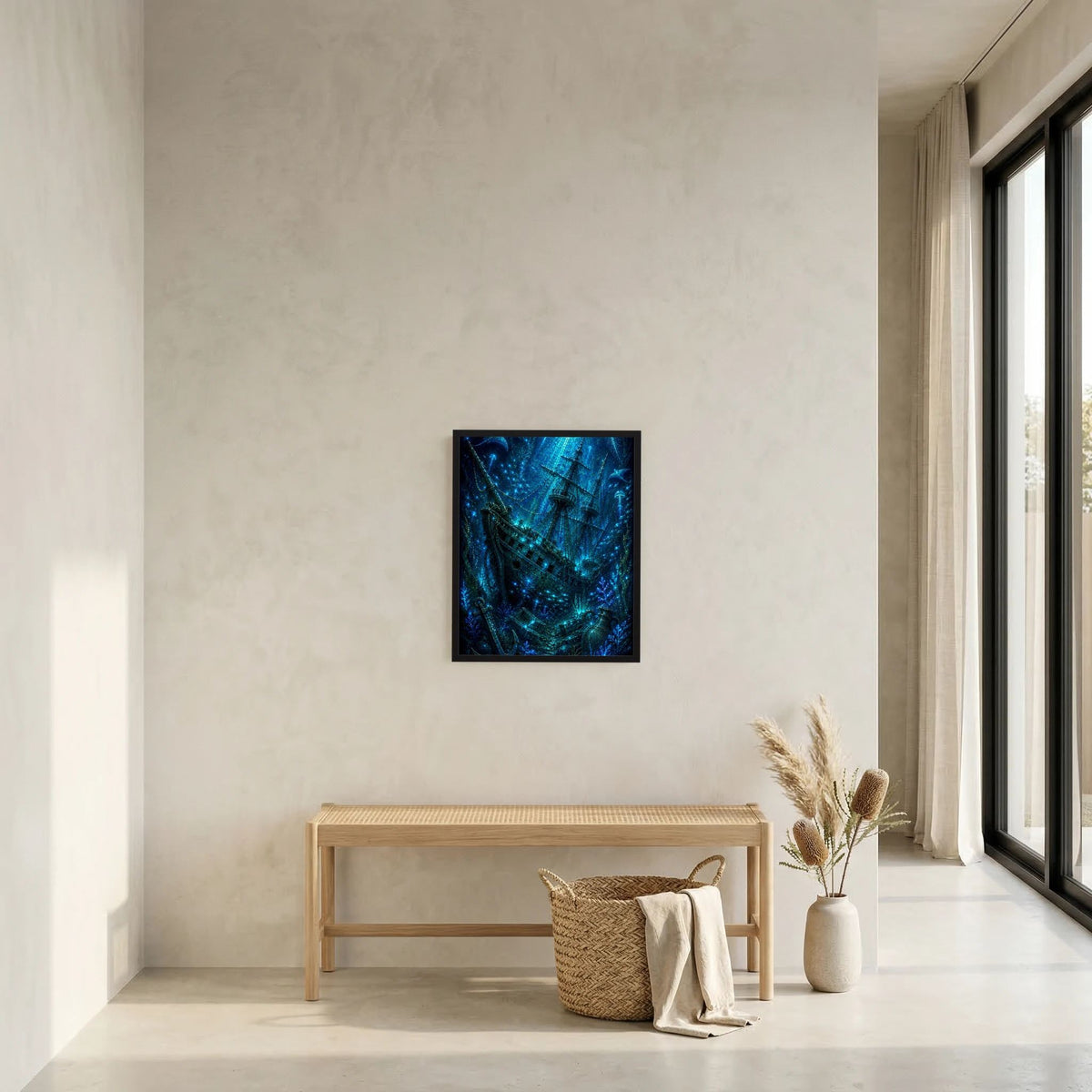 Kunstposter mit blauem Geisterschiff, schwarzer Rahmen
