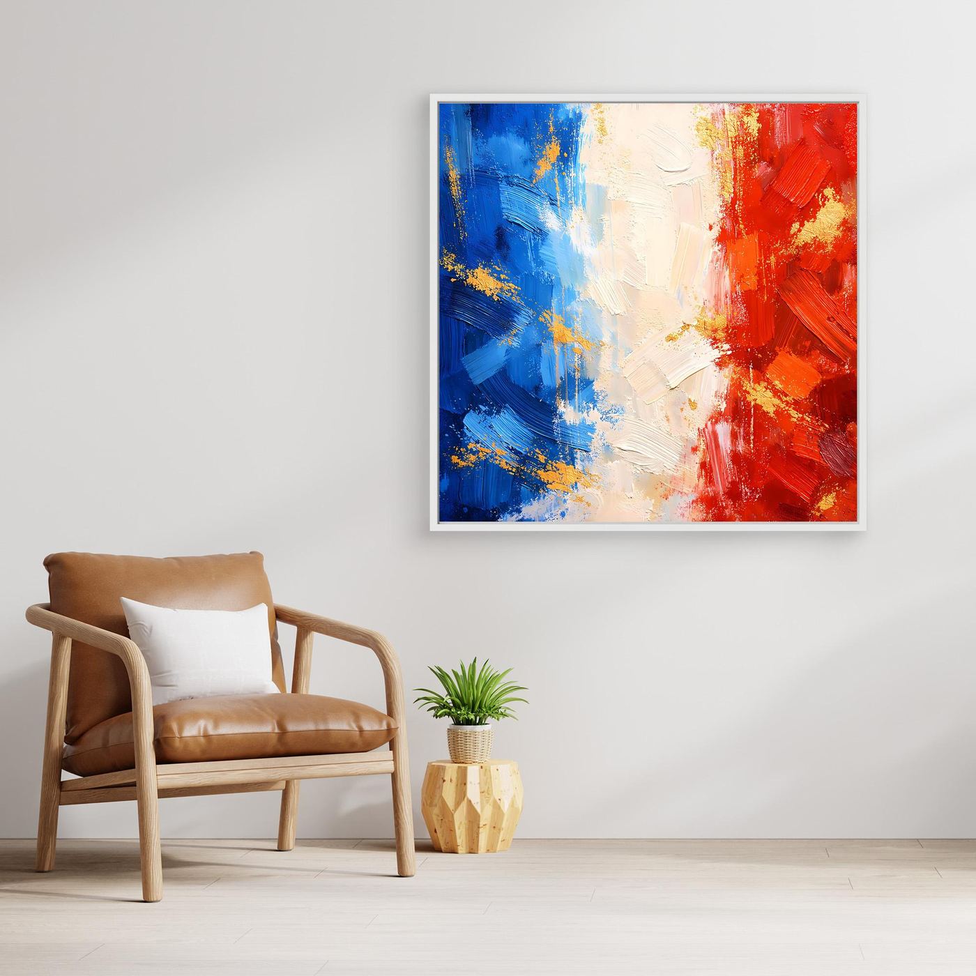 Abstraktes Leinwandbild mit Frankreichfarben: Blau, Weiß und Rot, goldene Farbsprenkel