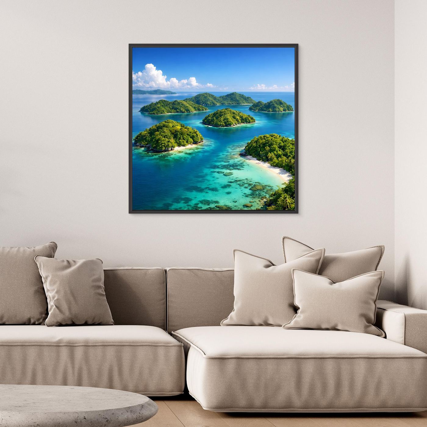 Leinwandbild tropische Insel mit türkisblauem Meer und grünen Inseln, mit schwarzem Rahmen