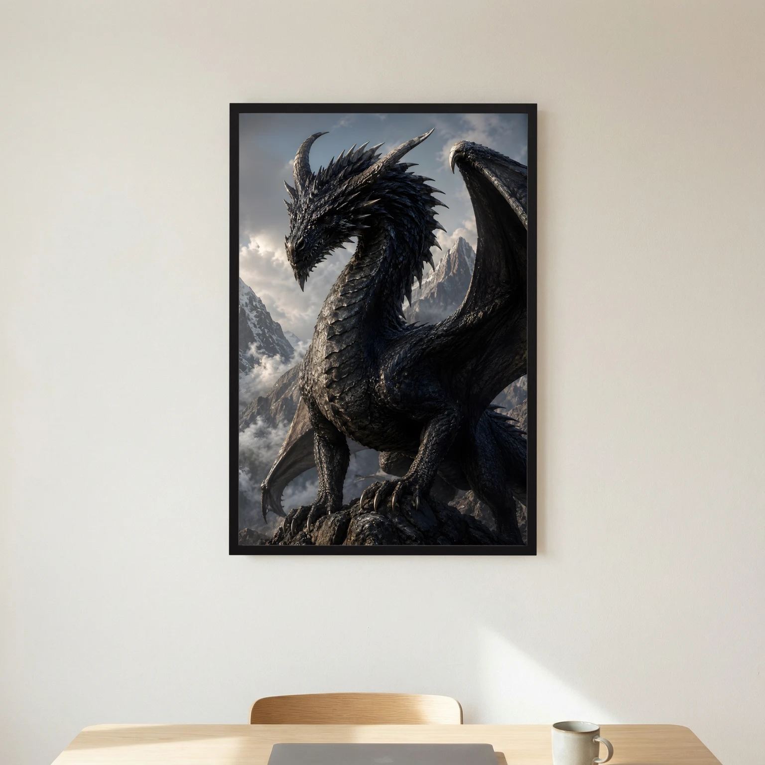 Fantasy-Drachenposter: schwarzer Drache mit Flügeln, Berglandschaft, schwarzer Rahmen