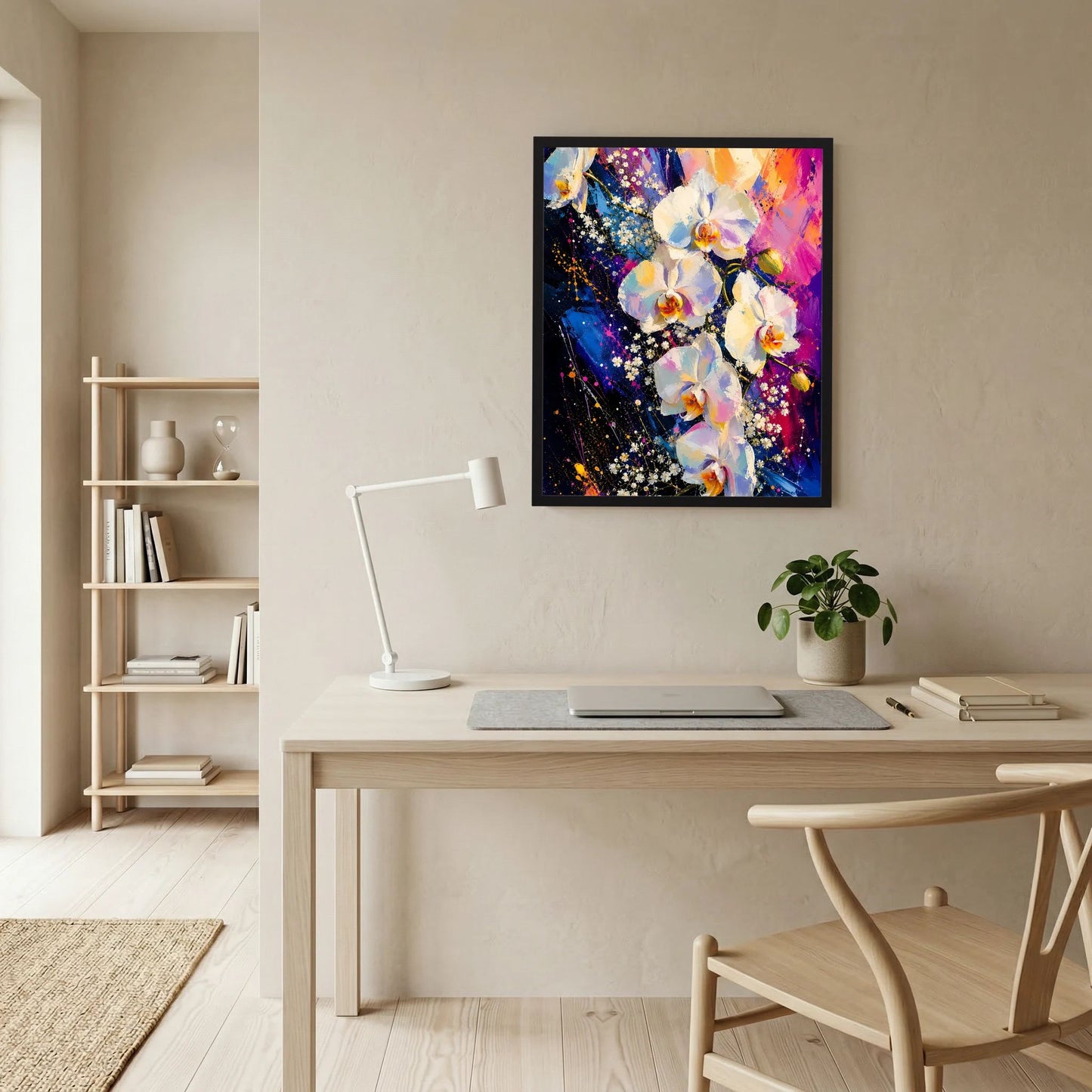 Gerahmtes Poster mit abstrakten weißen Orchideen, Farbverlauf in Pink, Blau und Gold