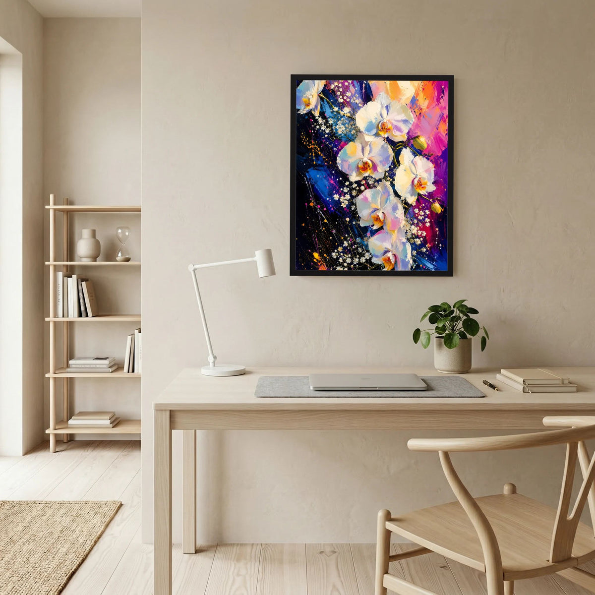Gerahmtes Poster mit abstrakten weißen Orchideen, Farbverlauf in Pink, Blau und Gold