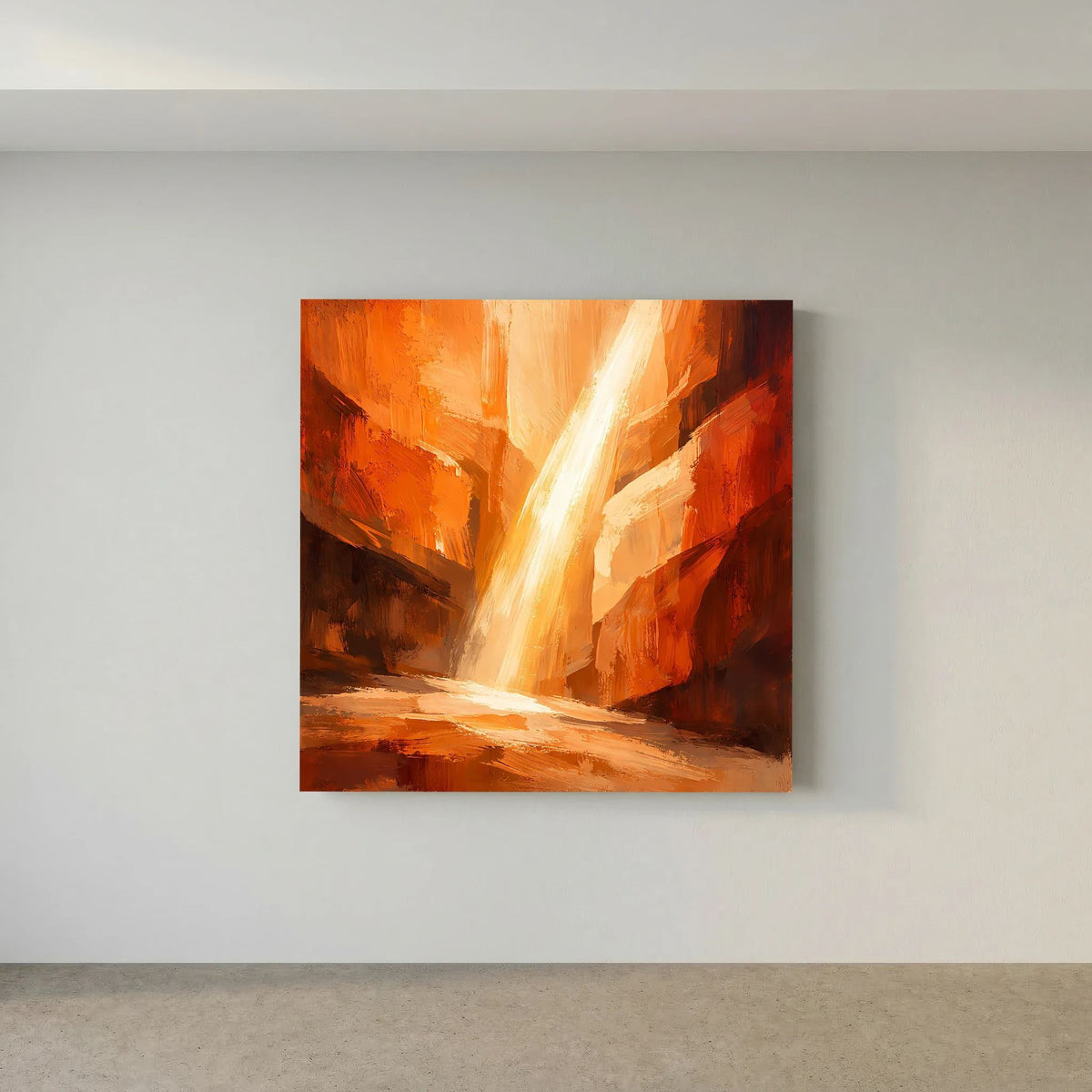 Abstraktes Leinwand-Wandbild mit brennenden Orange-Tönen und vertikalem Lichtstrahl
