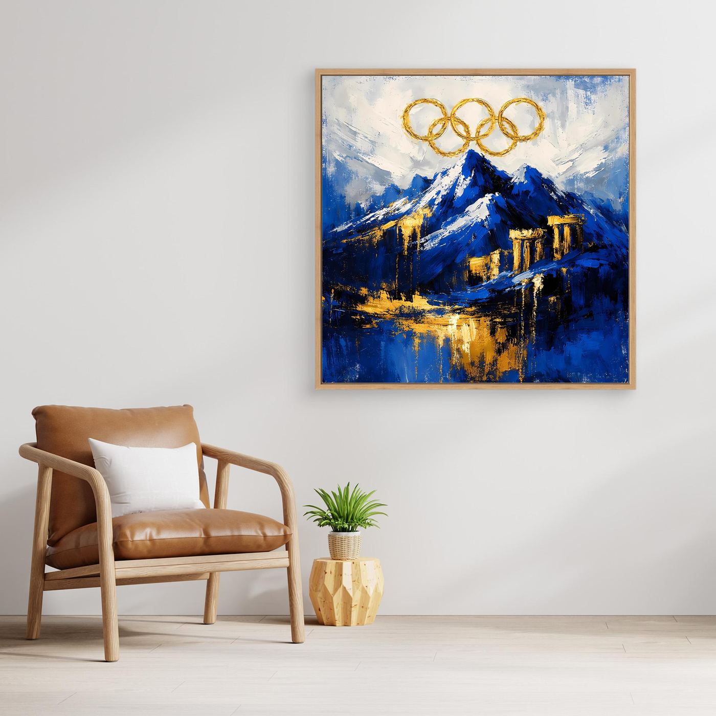 Leinwand Olympischer Geist am Mount Olympus | Abstraktes Berge Wandbild Gold Blau