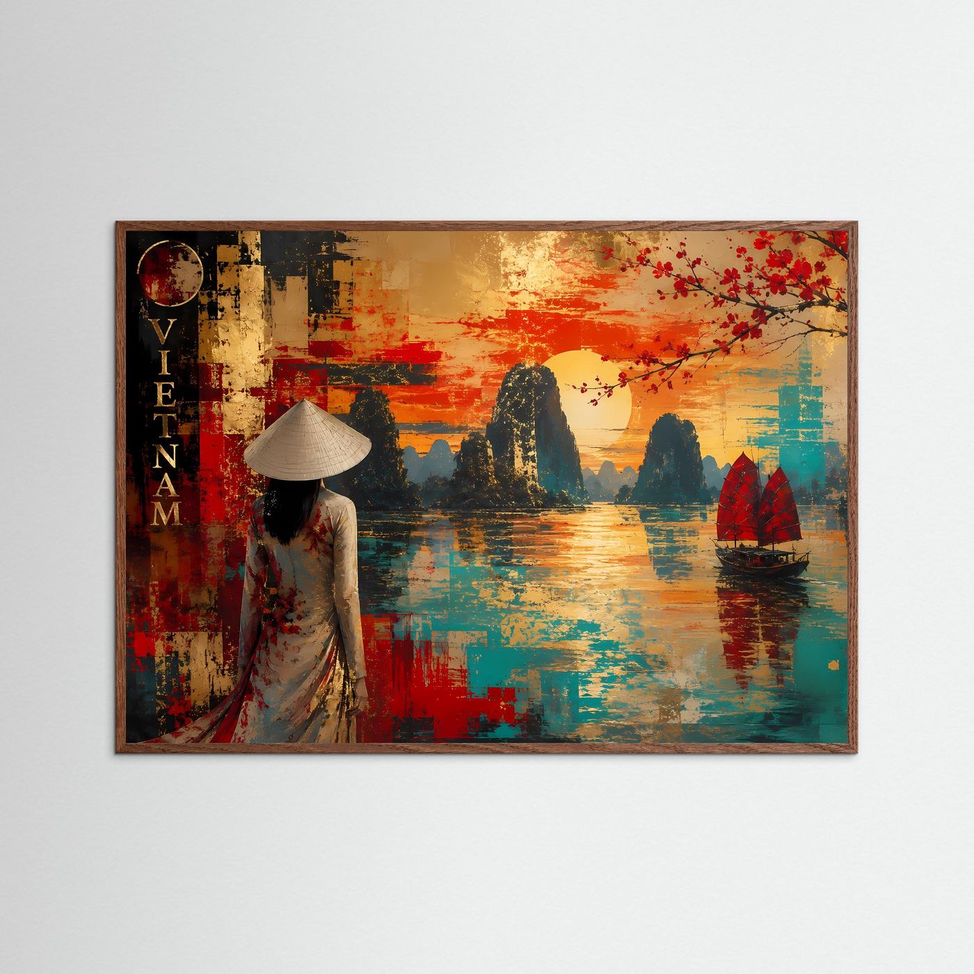 Querformatiges Kunstposter mit hellem Holzrahmen: Frau im Hut, Boot und Felsen, Rot-Türkis.