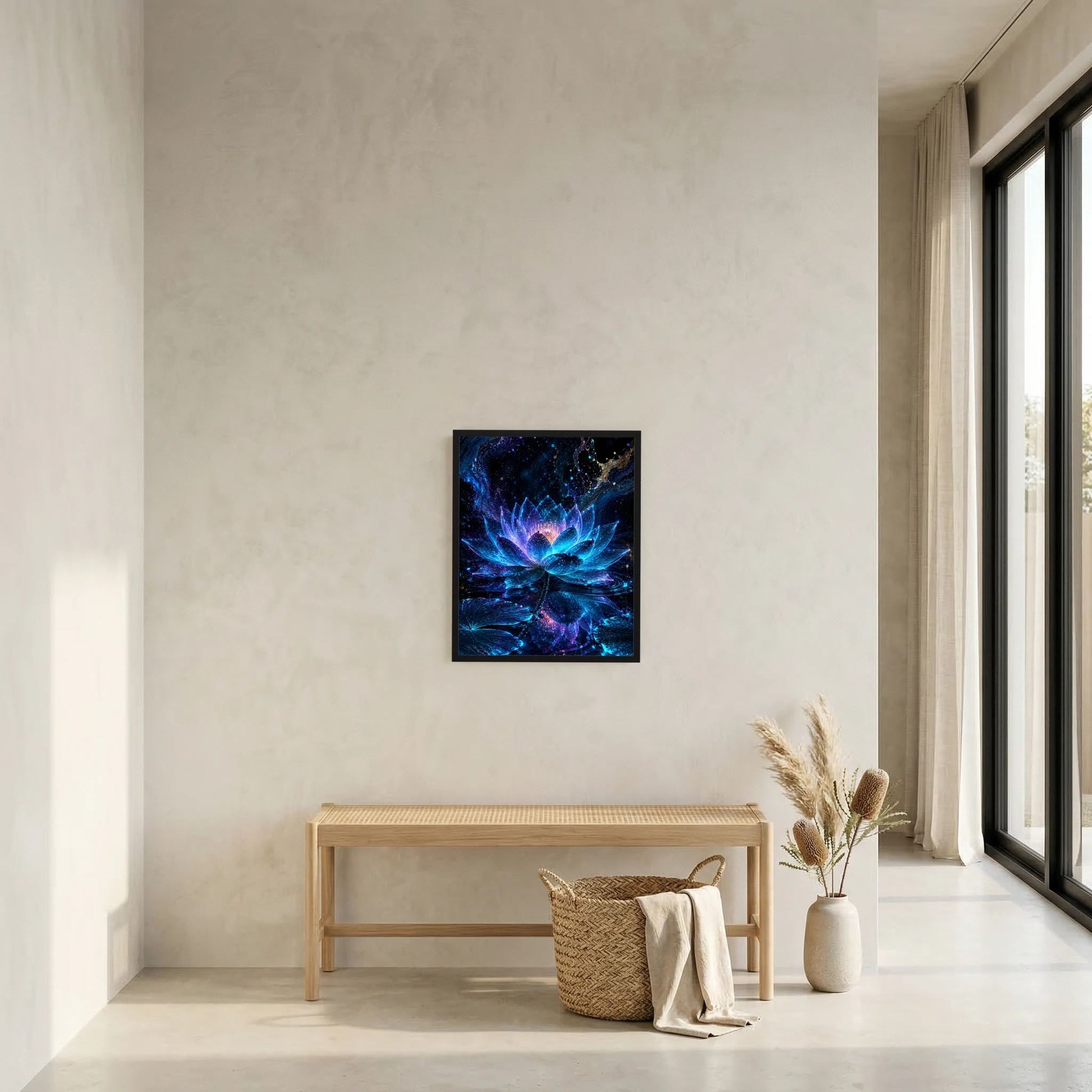 Gerahmtes Kunstposter mit leuchtender Lotusblüte in Blau und Violett