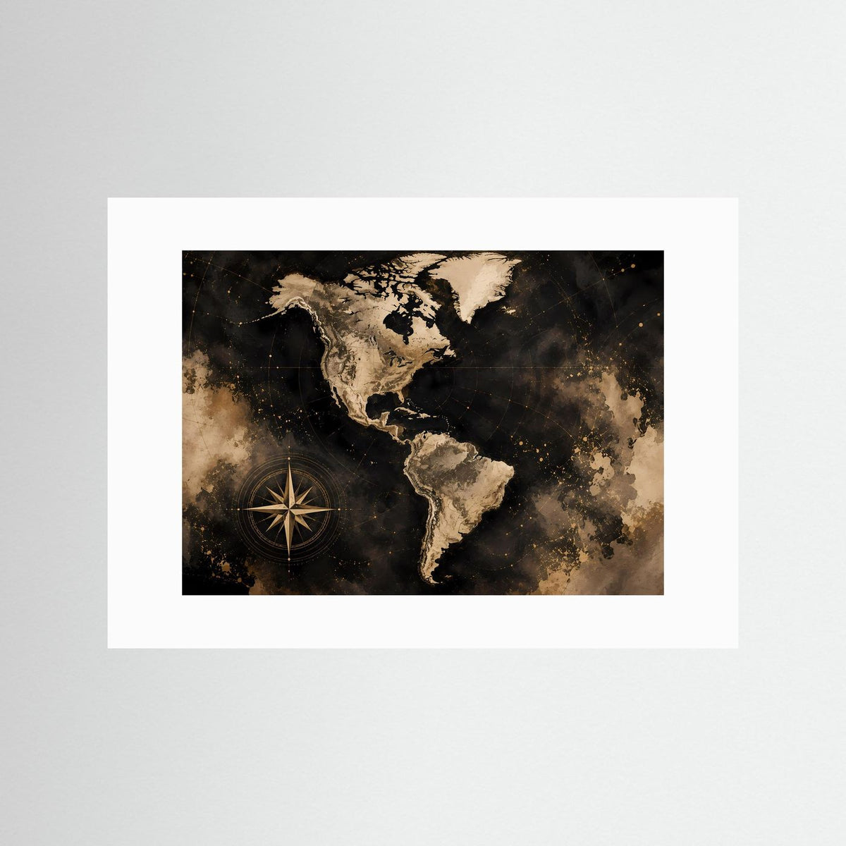 Gestaltetes Poster Weltkarte Amerika in Schwarz und Gold mit Kompassrose, weißer Rahmen, Querformat.