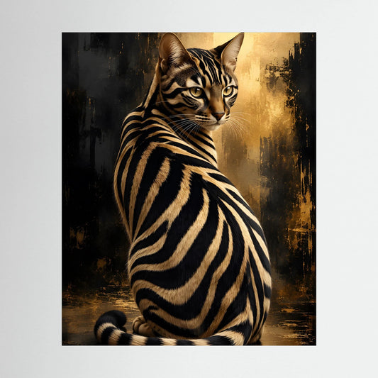 Poster mit Zebra-Katze im Schwarz-Gold-Look, sitzend, Blick nach vorn, Streifenmuster