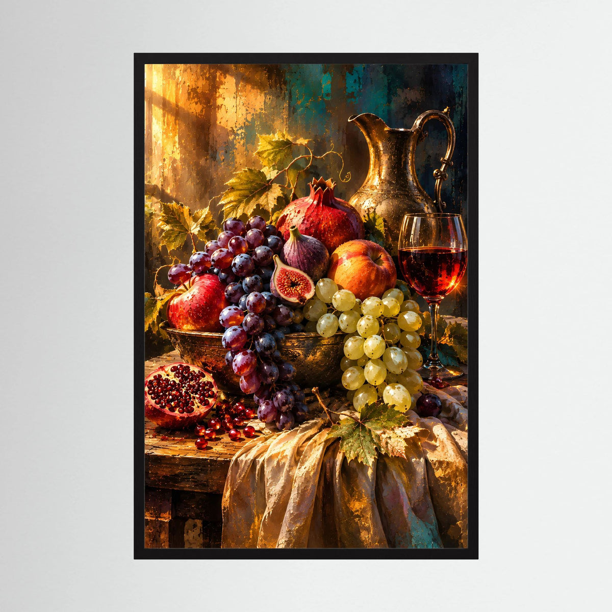Hochformatiges Poster mit Trauben, Feigen, Granatapfel und Wein in dunklem Holzrahmen.