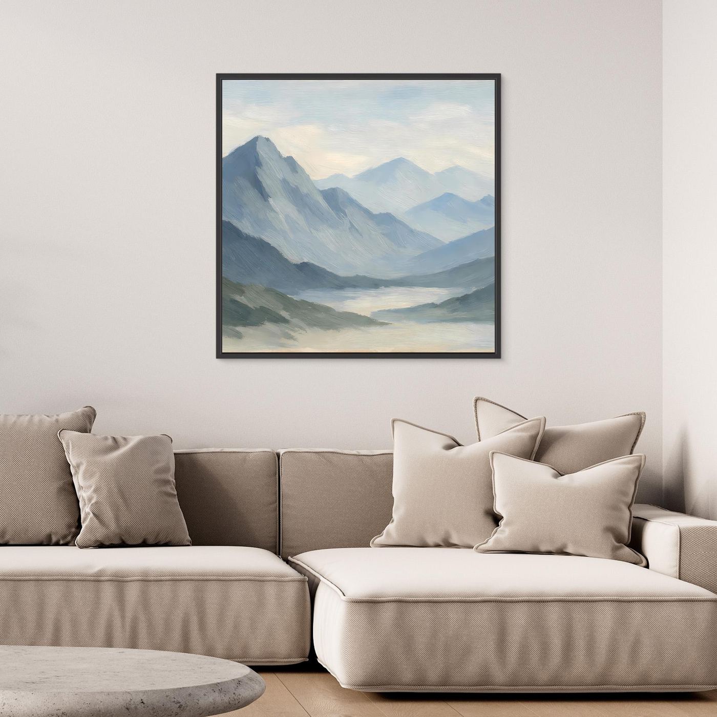 Leinwandbild Berglandschaft im Nebel, hellblau, mit schwarzem Rahmen