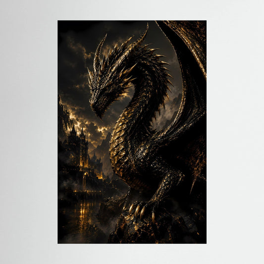 Hochformatiges Poster mit schwarzem Drachen, goldenen Flügeln und geschwungenem Schwanz