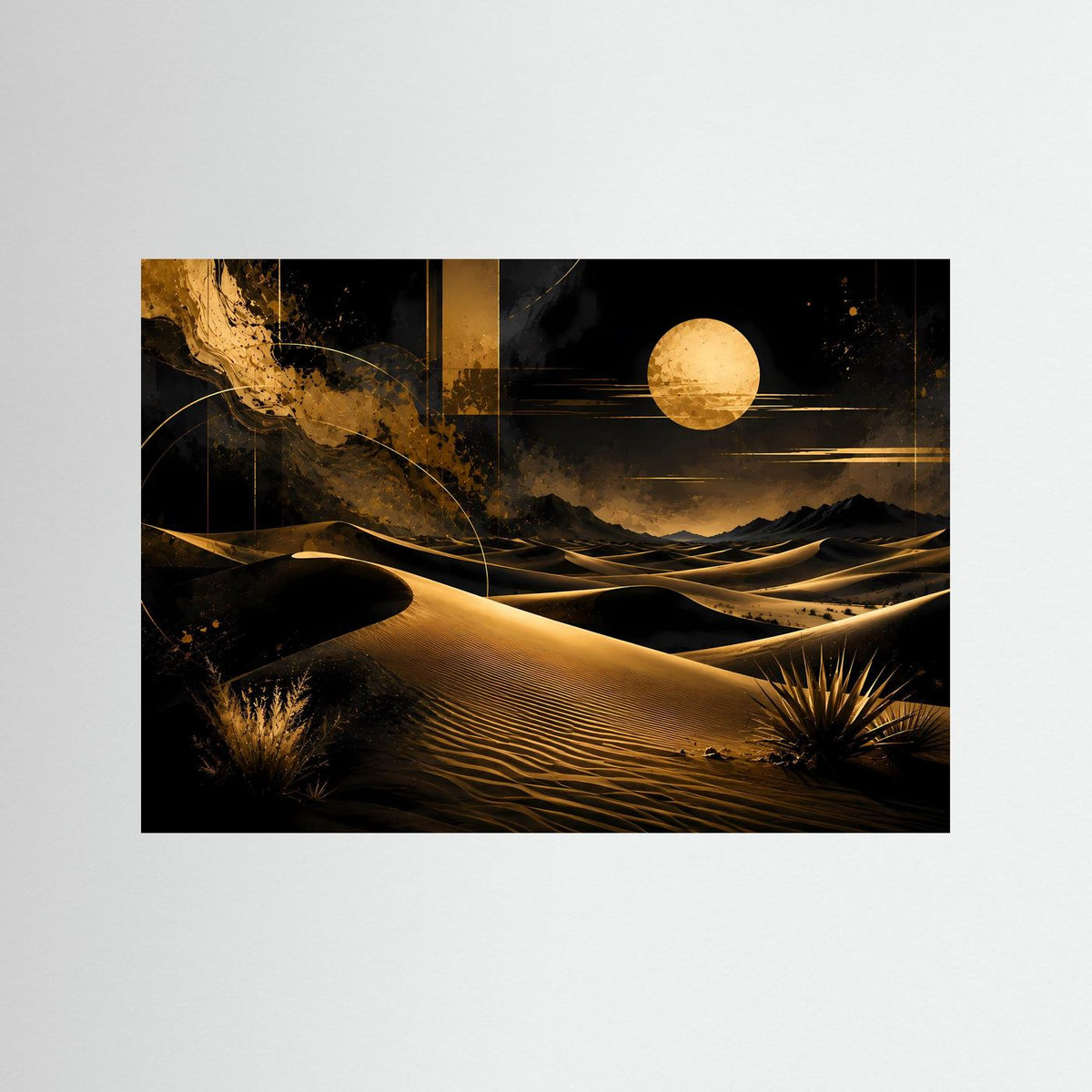 Gerahmtes Poster mit abstrakten Sanddünen bei Nacht in Schwarz und Gold, Querformat