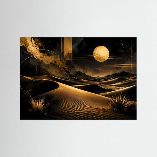 Gerahmtes Poster mit abstrakten Sanddünen bei Nacht in Schwarz und Gold, Querformat