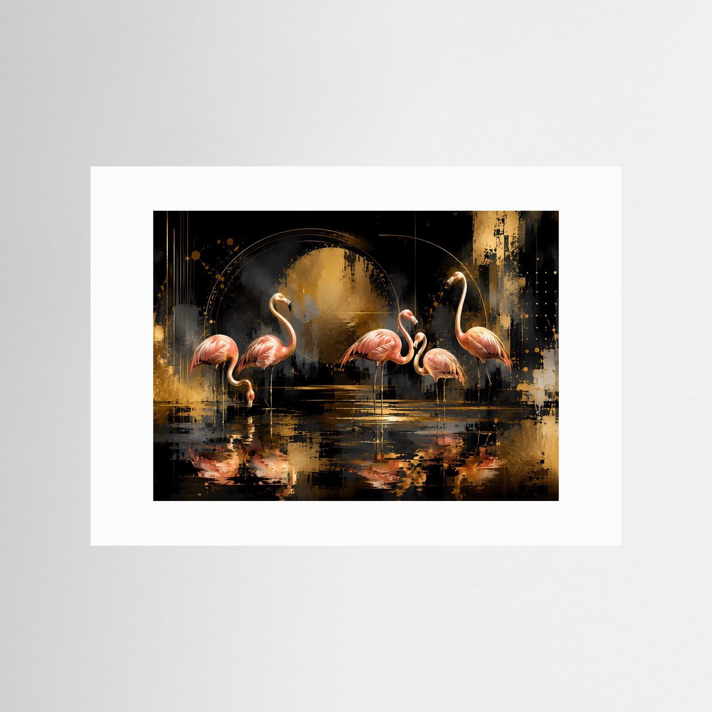 Abstraktes Flamingo-Poster mit weißem Passepartout, rosa Vögel und goldene Akzente im Querformat.