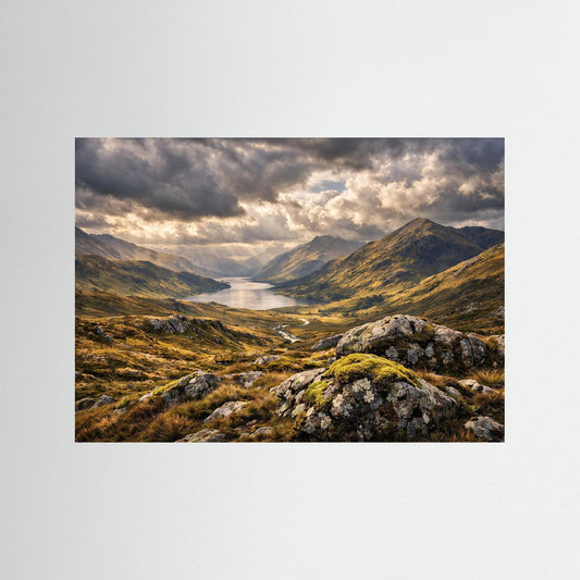 Dramatisches Schottisches Gebirgstal im Sonnenlicht | Panorama Highlands & Natur Poster Querformat
