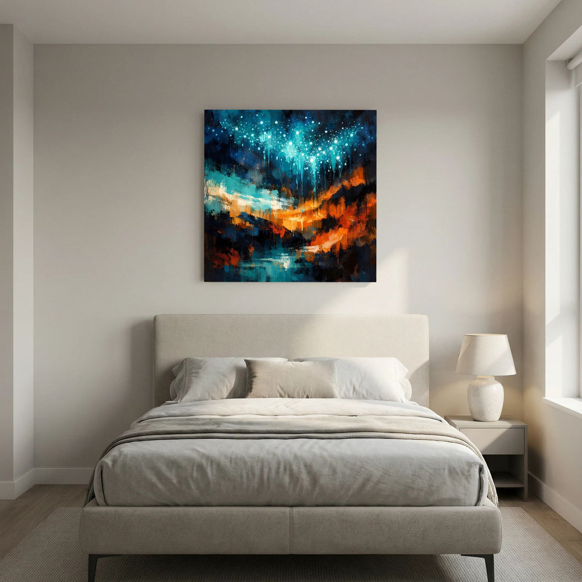 Quadratisches Leinwandbild über dem Bett: türkis-blaues Lichtspektrum mit Orange