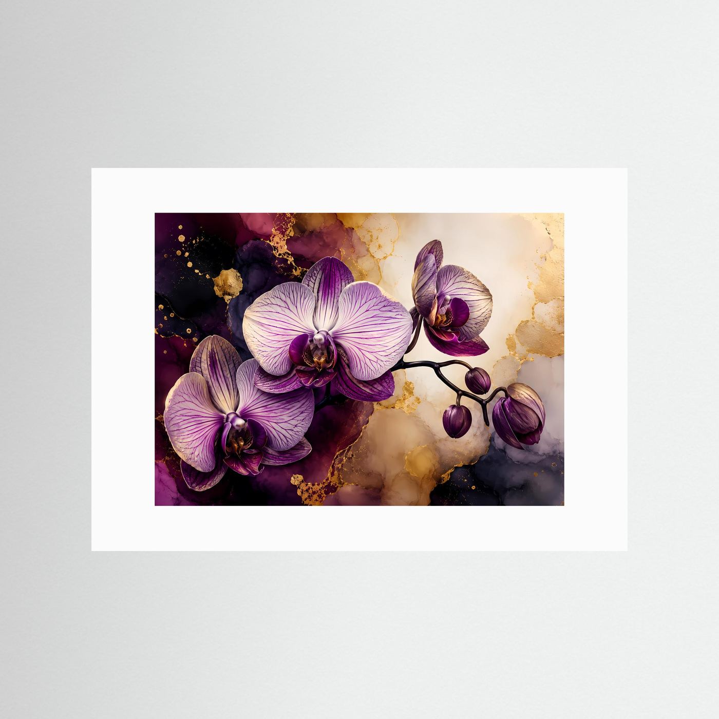 Orchideen Poster Querformat | Elegante Orchideen Wandkunst in Violett, Creme & Gold | Modernes Blumen Wandbild