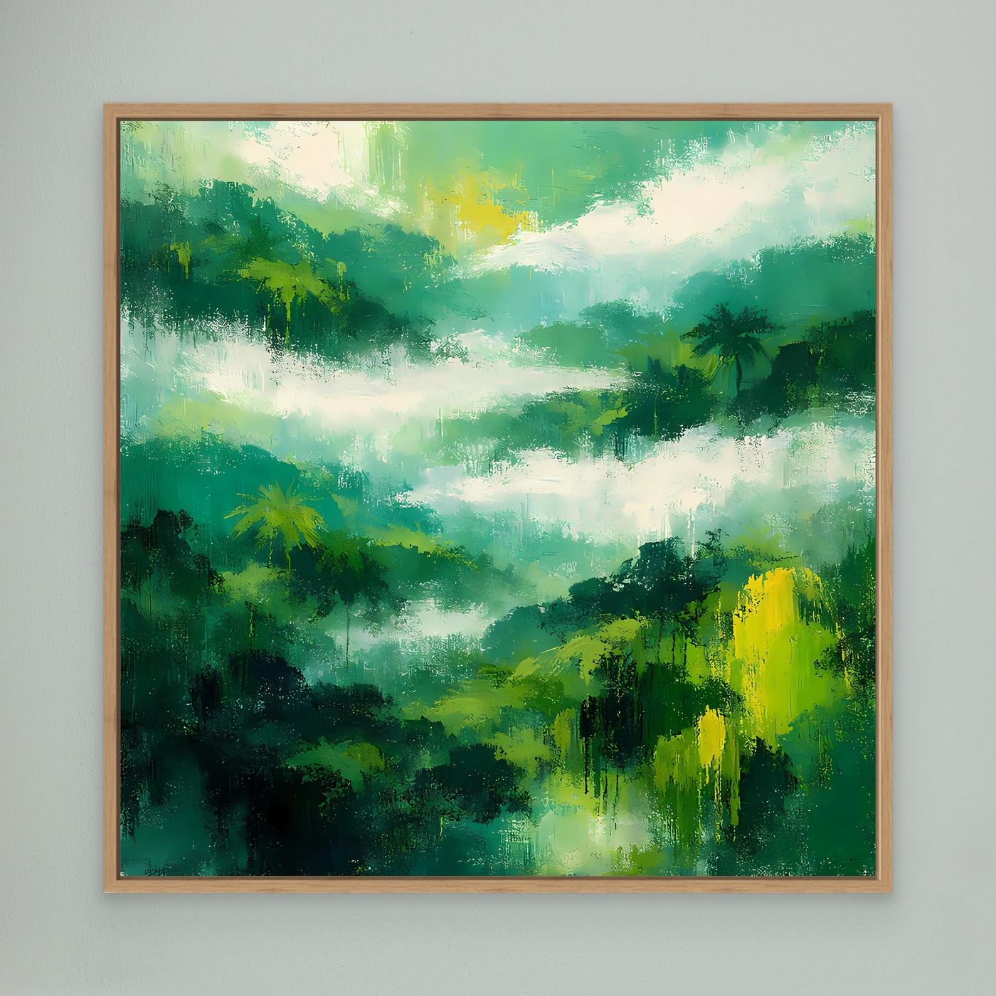 Abstraktes Regenwald-Wandbild mit Eichenrahmen, grüne Baumlandschaft mit Nebel