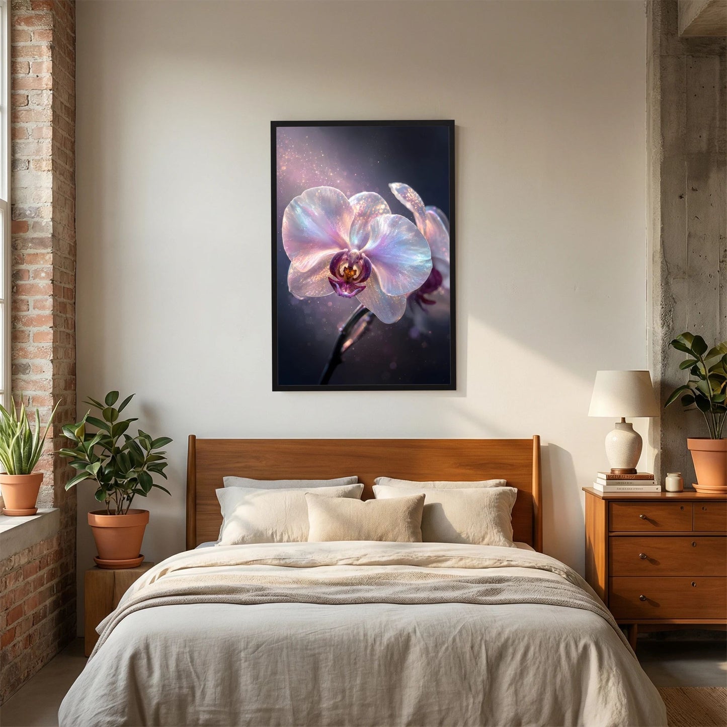 Orchideen-Poster im schwarzen Rahmen über Bett, pastellfarbene Blüte mit Schimmer