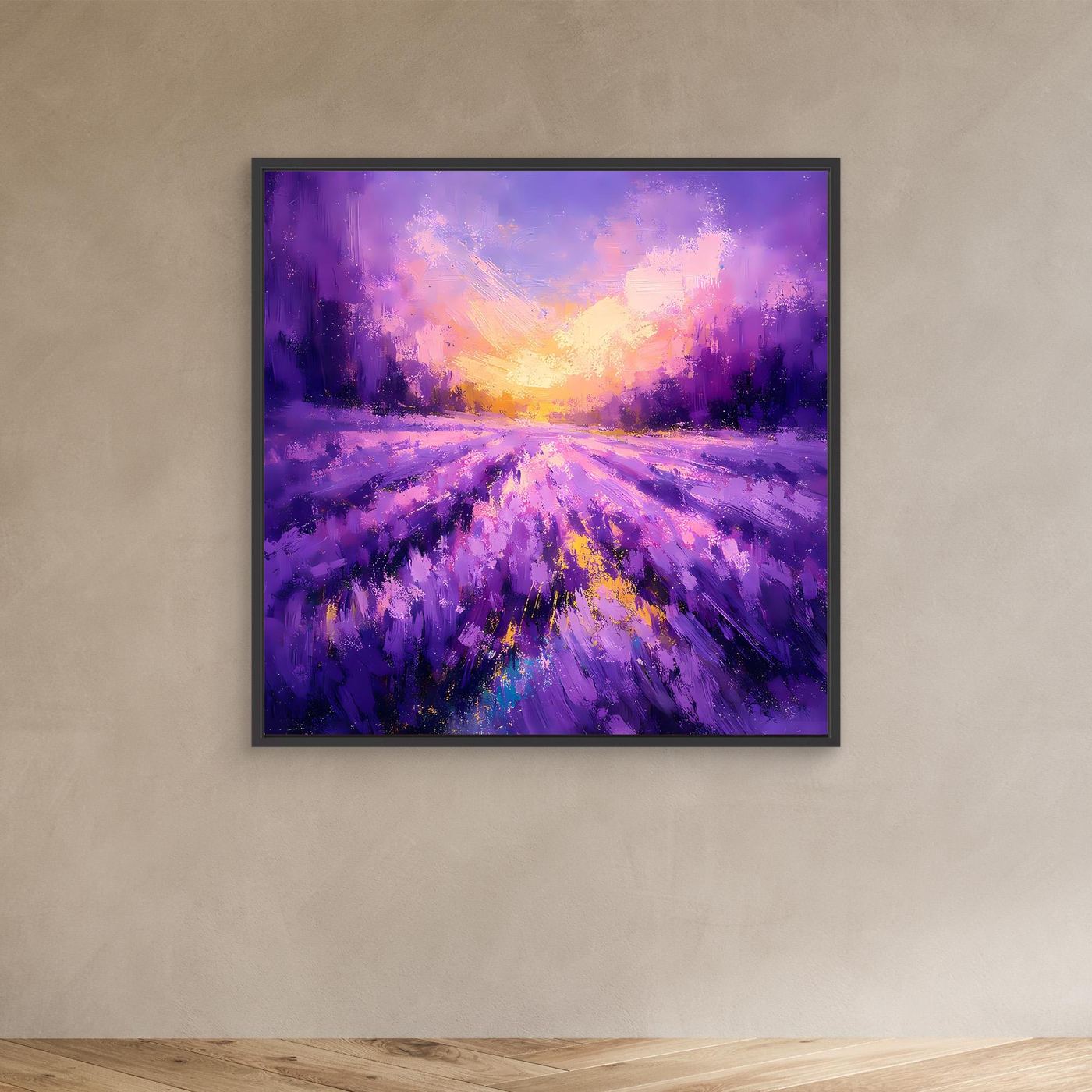 Leinwand-Wandbild mit violettem Lavendelfeld und goldenem Sonnenuntergang, schwarzer Rahmen