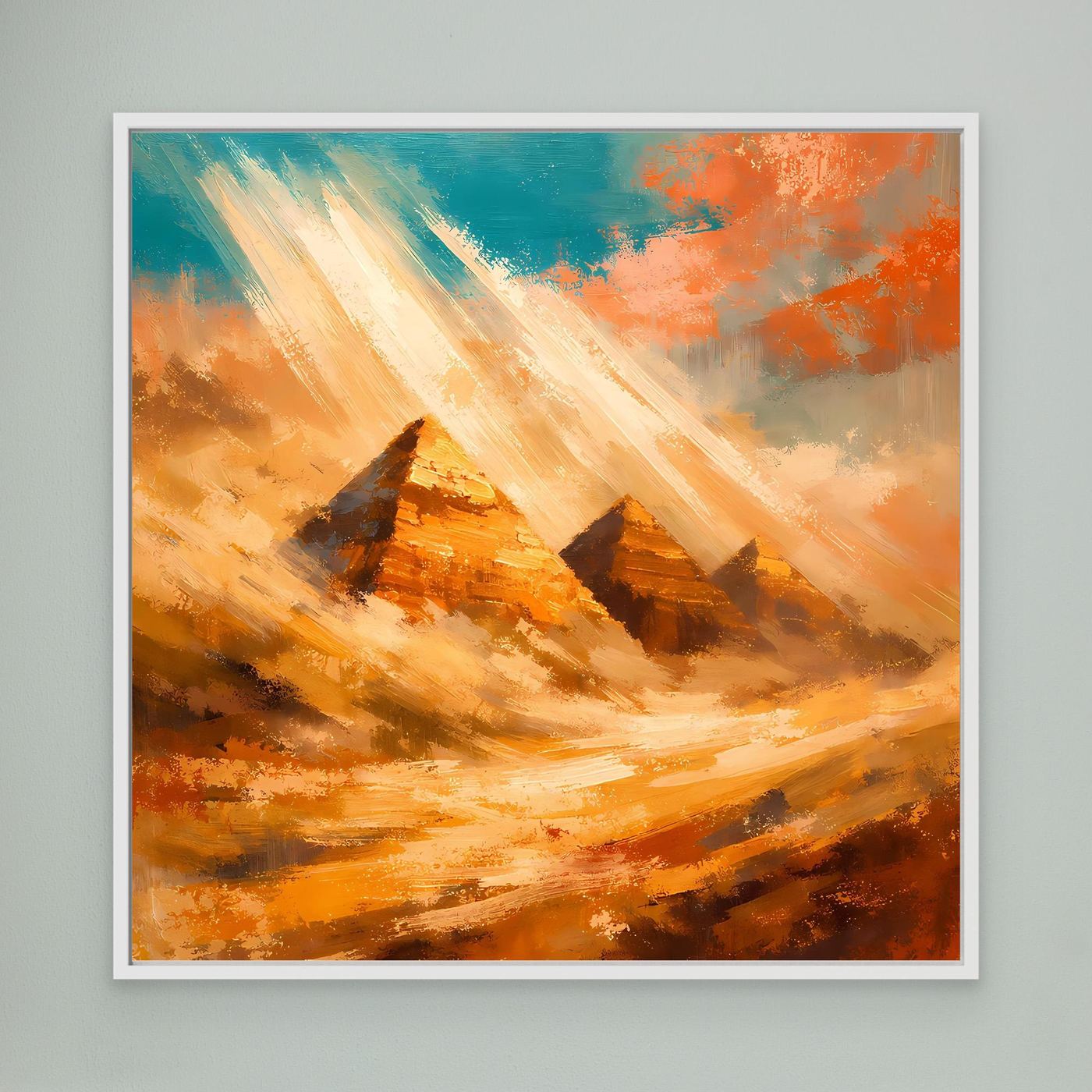 Leinwand-Wandbild mit abstrakten Pyramiden in Orange und Blau, mit weißem Rahmen