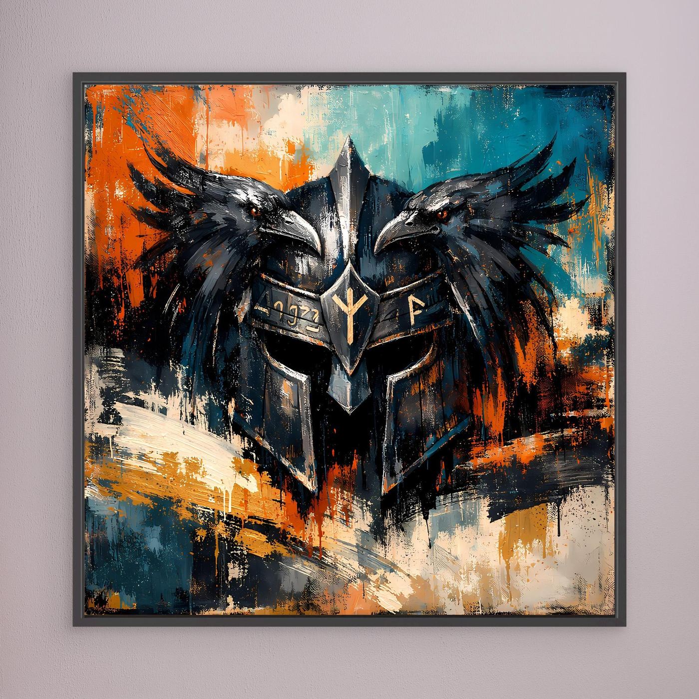 Wandbild mit Odins-Helm und Raben, schwarzer Rahmen