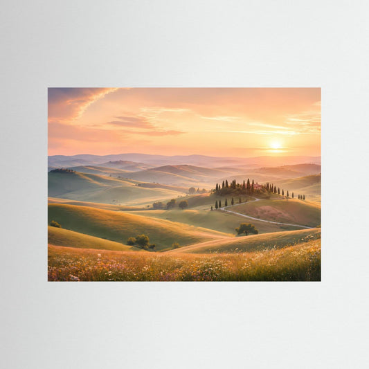 Poster im Querformat mit toskanischer Hügellandschaft, Sonnenuntergang und Zypressenreihe