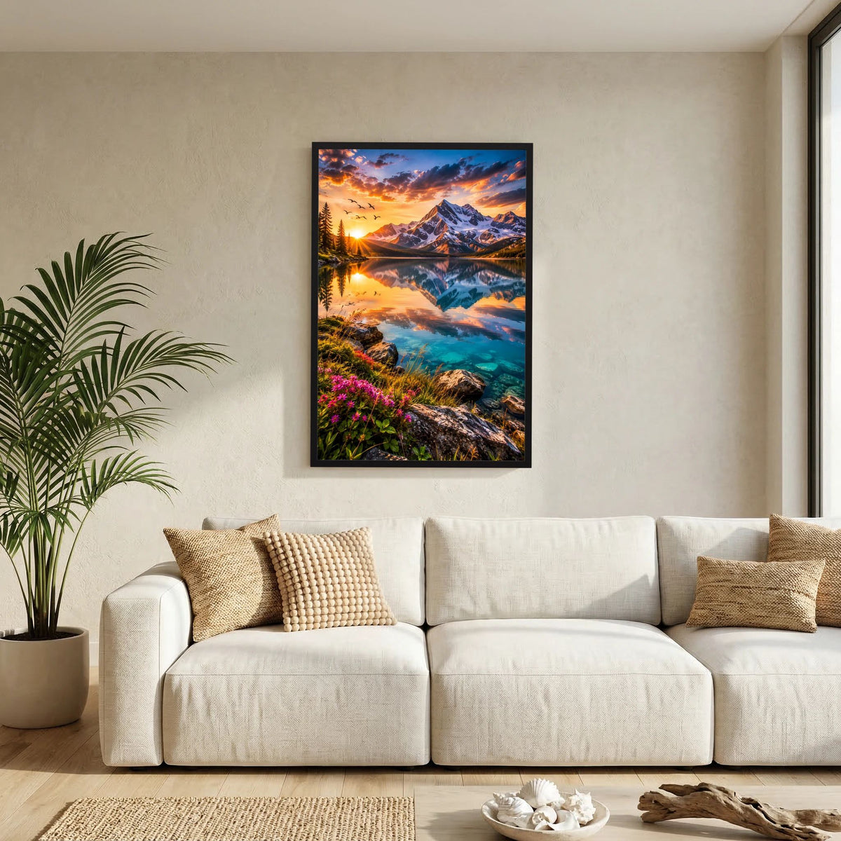 Poster Hochformat an der Wand: Alpensee bei Abendlicht mit Wildblumen im Vordergrund
