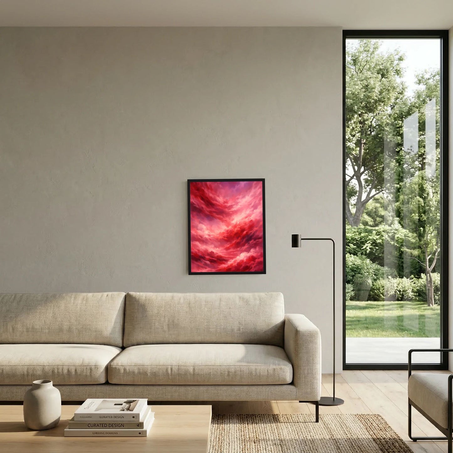Gerahmtes Poster im roten Wolkenstil mit rosa Akzenten am Wohnzimmer-Wandmotiv