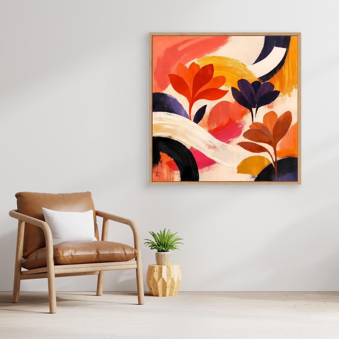 Quadratisches Leinwandbild mit abstrakten Blüten, warmes Farbspiel aus Orange und Blau.