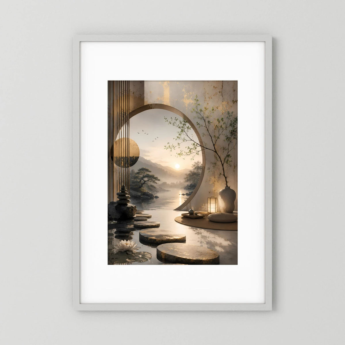 Wandposter im schwarzen Rahmen mit asiatischer Gartenszene, rundem Mond und Lichterlaternen