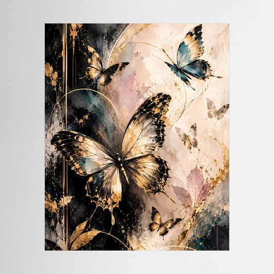 Abstraktes Schmetterlingsposter in Gold, Schwarz und Blau mit Floral-Aquarell-Optik