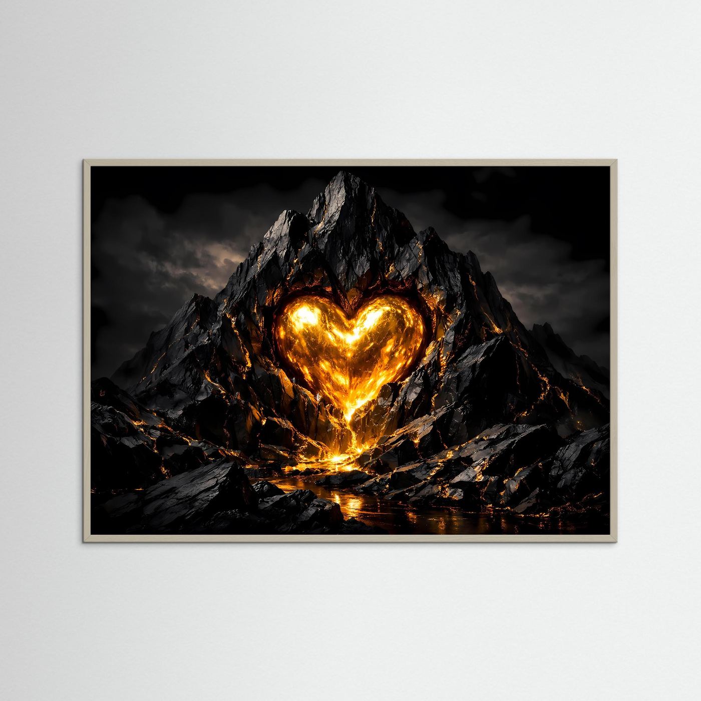 Glühendes Vulkanherz im Fels massiv | Feurige Magma Kunst & Herz Wandbild Querformat