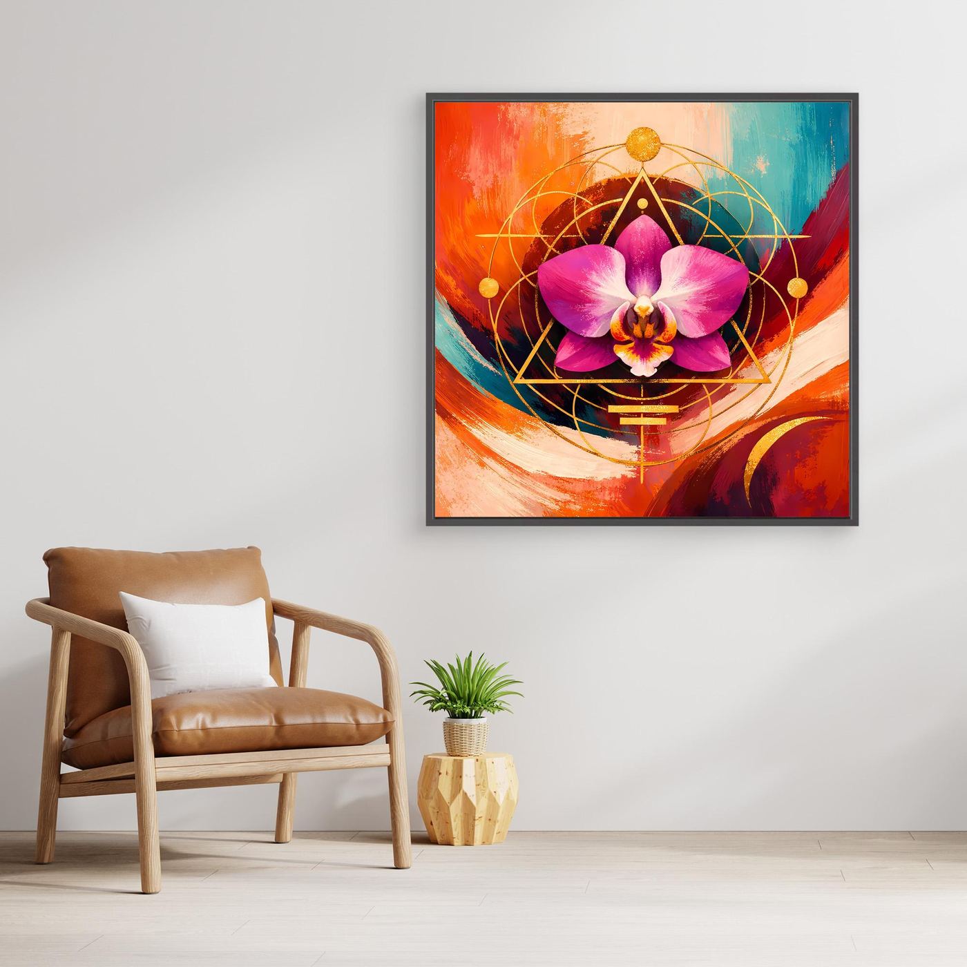 Quadratisches Leinwandbild mit lila Orchidee und goldenen Kreislinien mit Kreuzsymbol