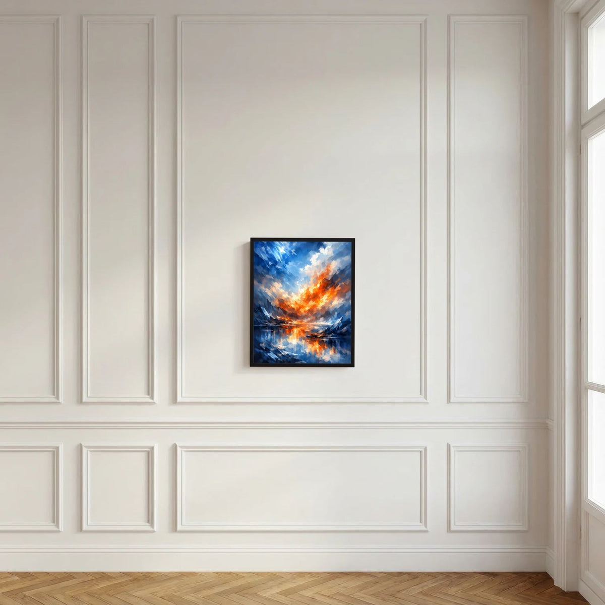 Gerahmtes abstraktes Wandbild: blaue Wolken über orangeem Feuer mit spiegelnder Fläche
