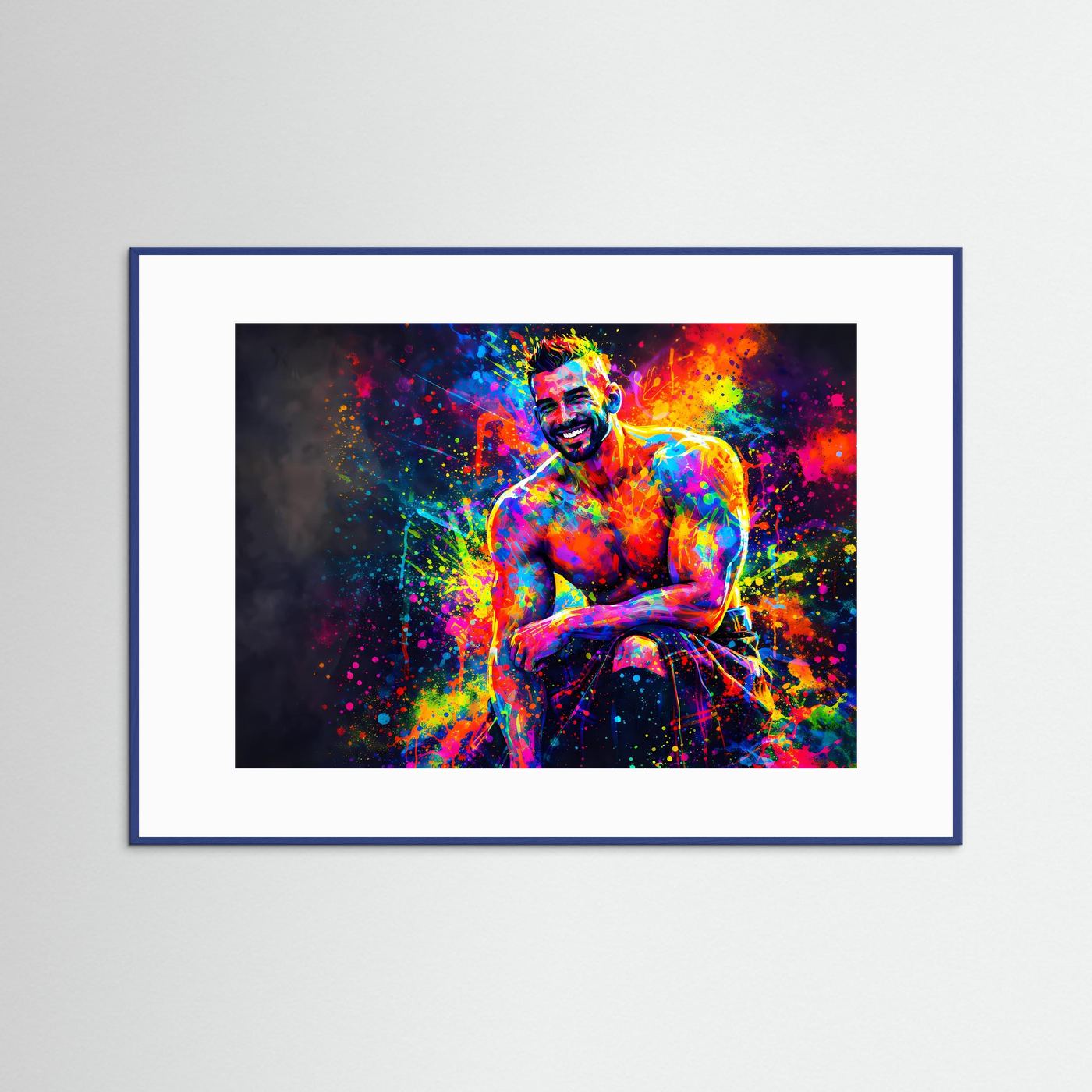 Neonfarbenes Kunstposter mit Muskelportrait, blauer Holzrahmen und weißes Passepartout